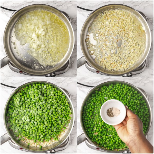 the process shot of how to make sauteed garden peas.