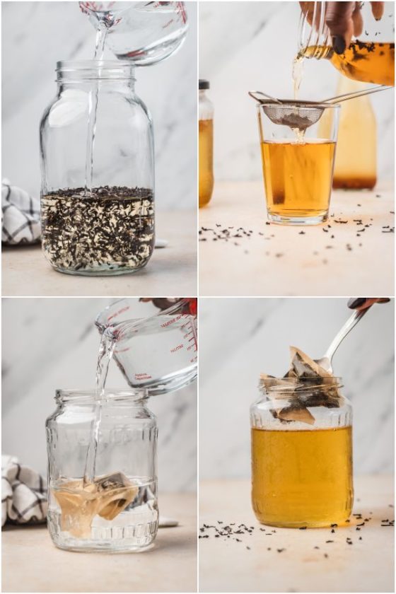 the process shot of making cold brew tea with loose leaf tea and teabags.