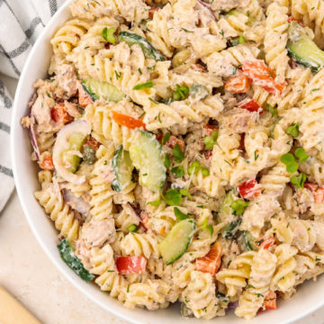 a bowl of tuna pasta salad.