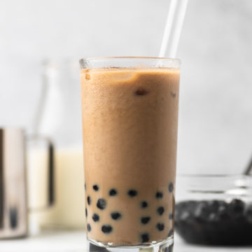 a glass of iced boba coffee.