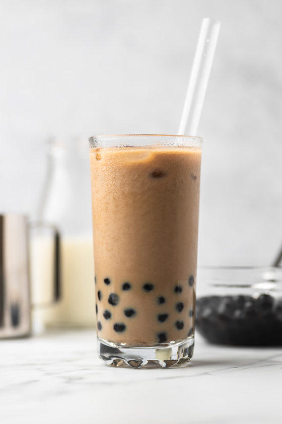 a glass of iced boba coffee.