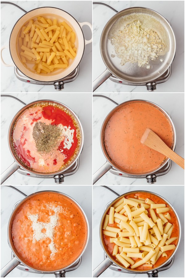 the process shot of making pink pasta sauce.