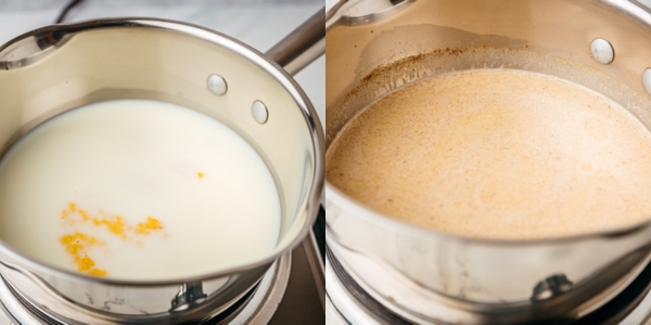 the process of warming milk on the stove.