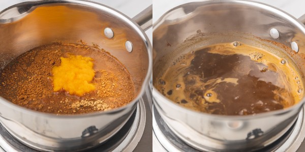 the process of making pumpkin spice syrup on the stovetop.