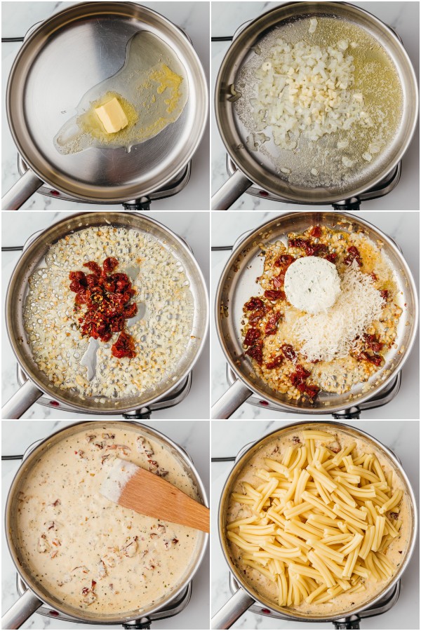 The process of cooking boursin pasta on the stove.