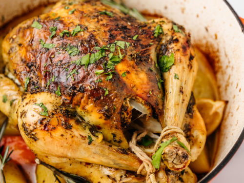 roasted whole chicken in a dutch oven.