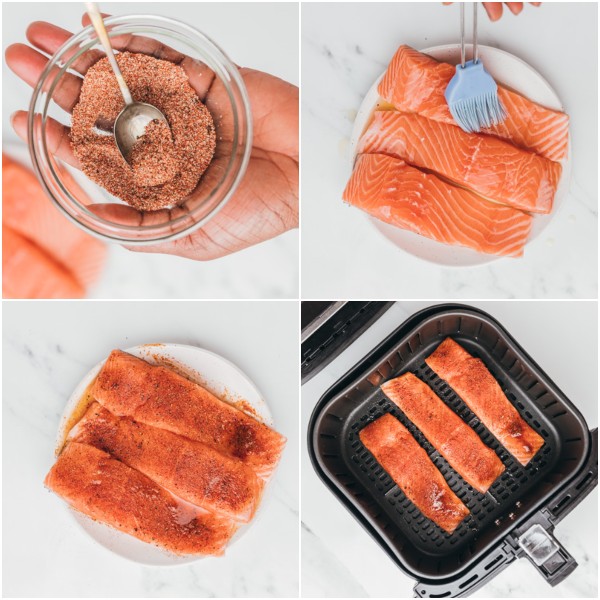 the process shot of cooking salmon in an air fryer.
