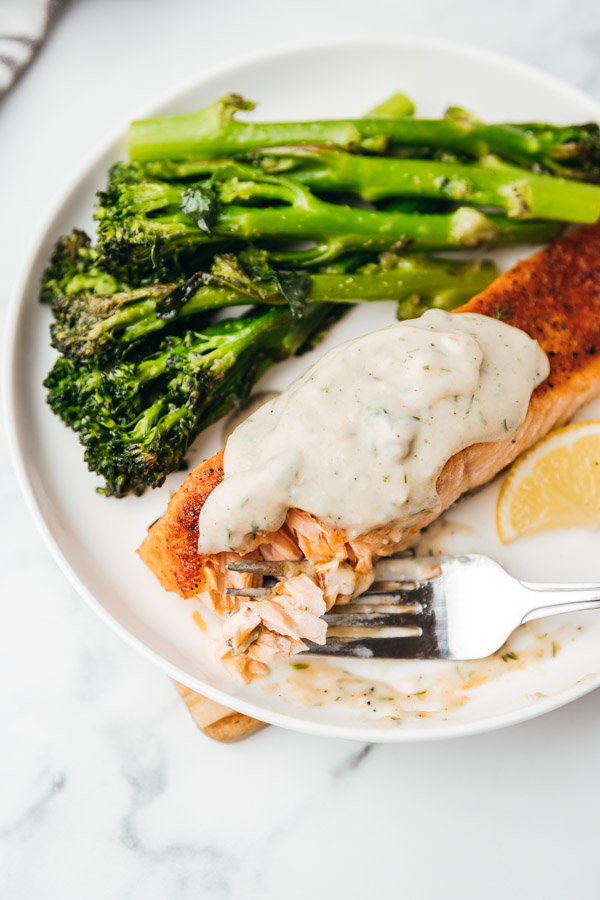 flaked salmon fillet with broccolini. 