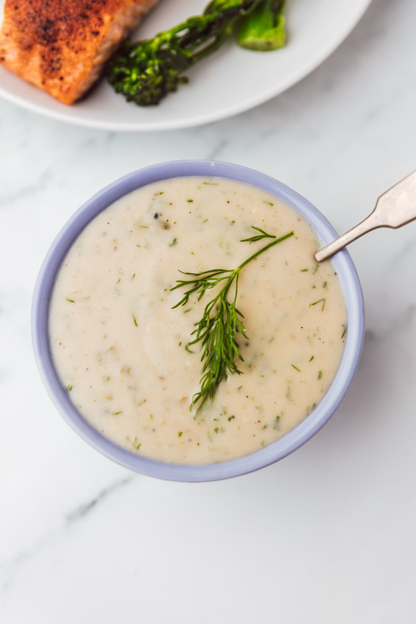 creamy dill sauce in a small bowl.
