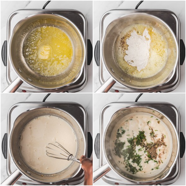 the process of making dill sauce on the stove.
