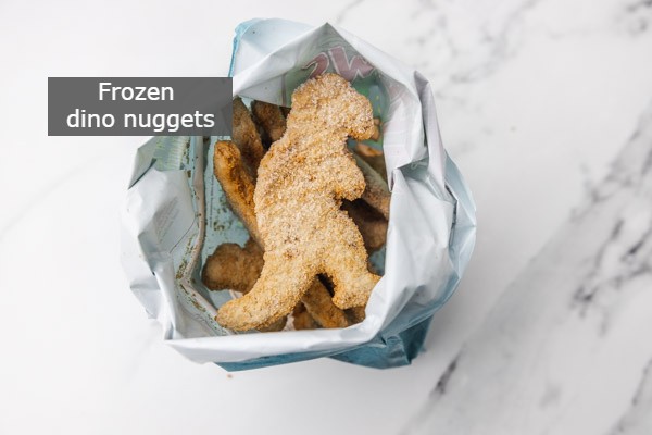 a bag of frozen dino nuggets.