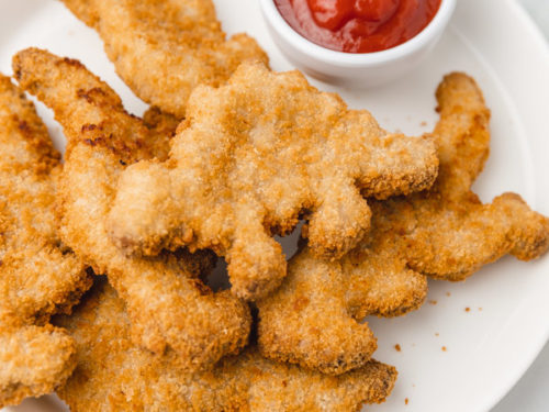 air fried dino nuggets on a plate.
