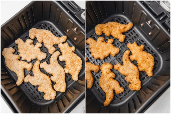 the process shot of how to cook dinu nuggets in an air fryer.