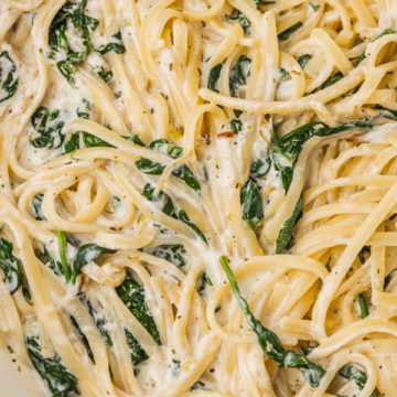 a close up on ricotta spinach pasta.