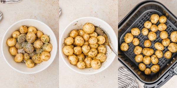 the process shot of cooking potatoes in an air fryer.