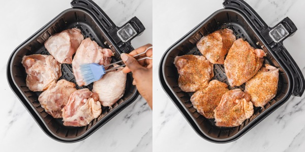 the process shot of cooking frozen chicken thighs in the air fryer.