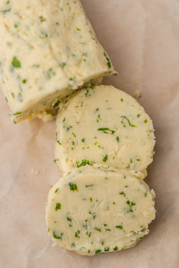 a close up on sliced garlic butter.