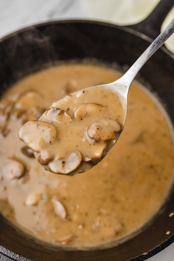 mushroom gravy on a ladle.