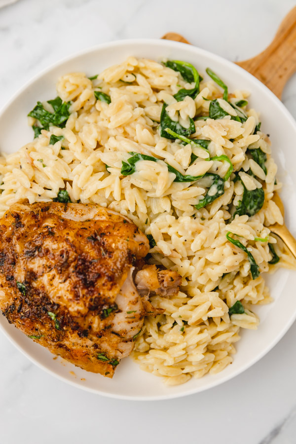 a plate of creamy orzo and chicken thigh.