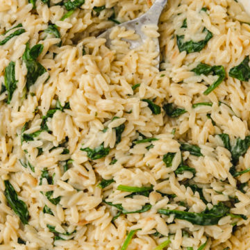 creamy parmesan orzo in a skillet with a ladle.
