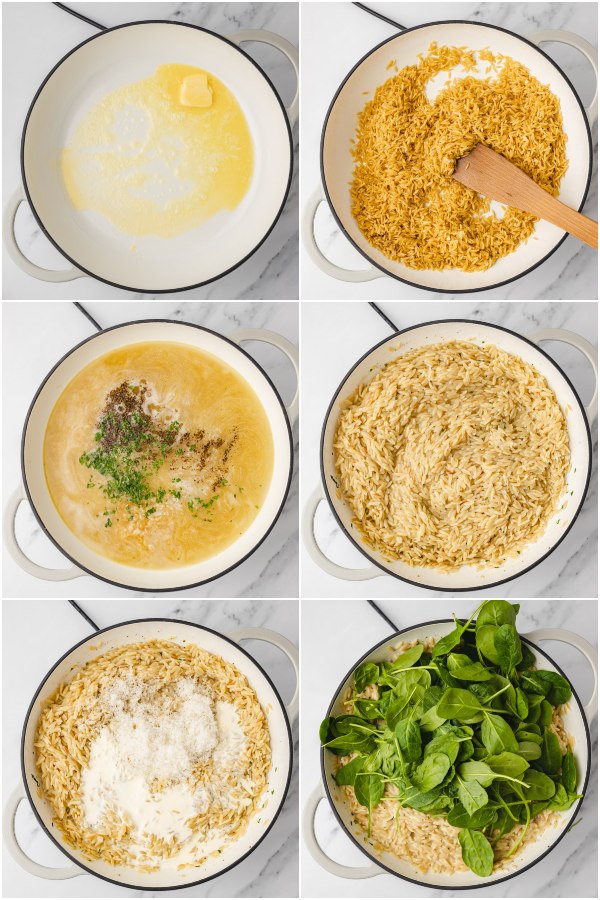 the process shot of how to cook parmesan orzo with spinach.