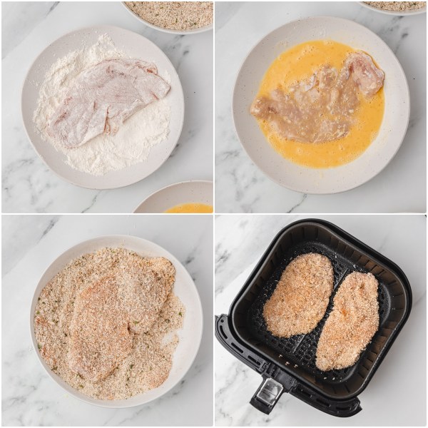 the process shot of making chicken cutlets in the air fryer.