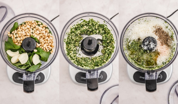 the process shot of making pesto sauce in a food processor.