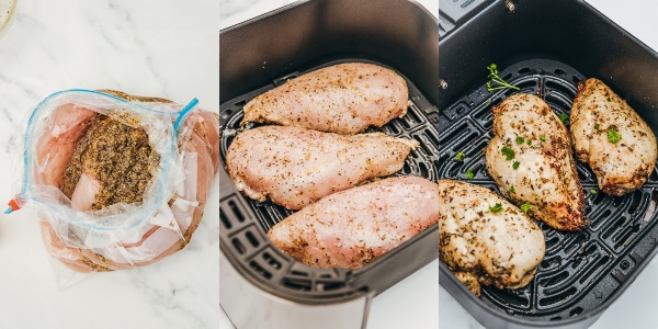 the process shot of cooking marinated chicken breast in the air fryer.