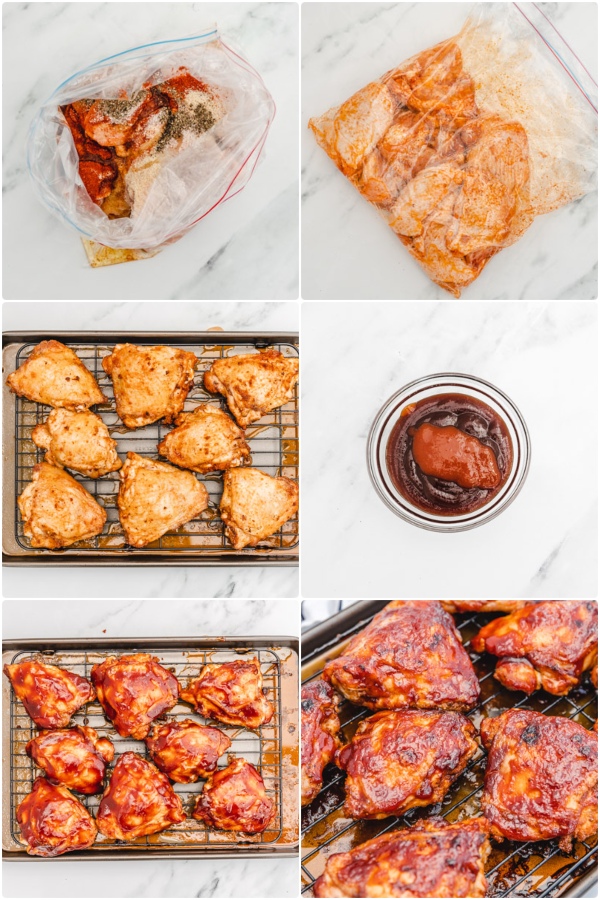 the process of making bbq chicken thighs in the oven.
