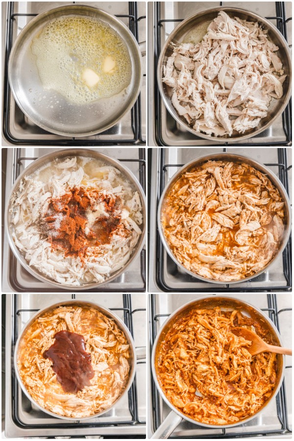 the process shot of cooking shredded chicken with bbq on the stove top.