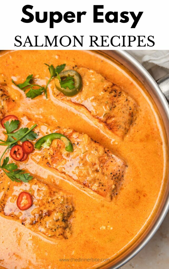 salmon in curry in a skillet with the incription super easy salmon recipe.