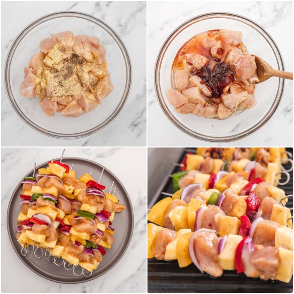 the process of making chicken pineapple kabobs.