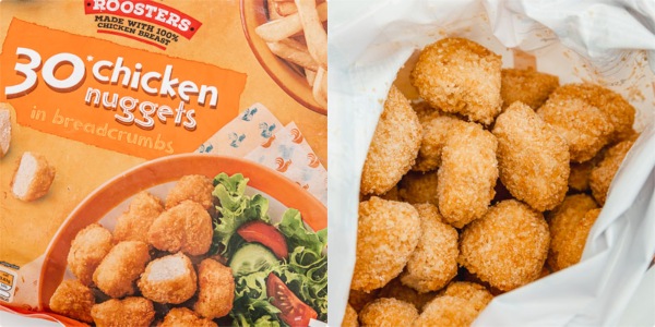a collage of a bag of chicken nuggets and an open bag of chicken nuggets.