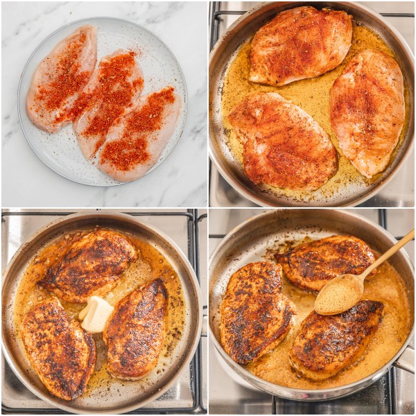 the process shot of cooking chicken breast in a pan on the stove.