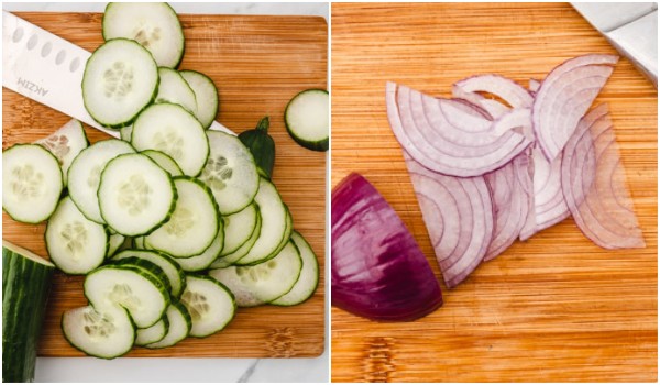 sliced onions and cucumber.