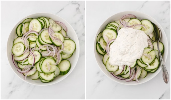 the process of making creamy cucumber salad.