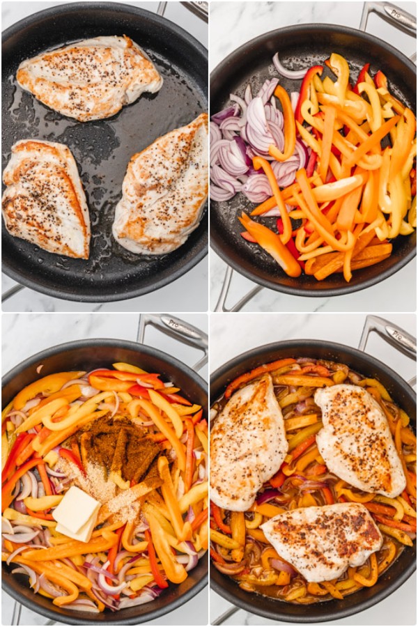step by step of how to cook chicken breast with peppers and onions.