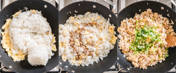 the process of cooking egg fried rice in a wok over the stove.