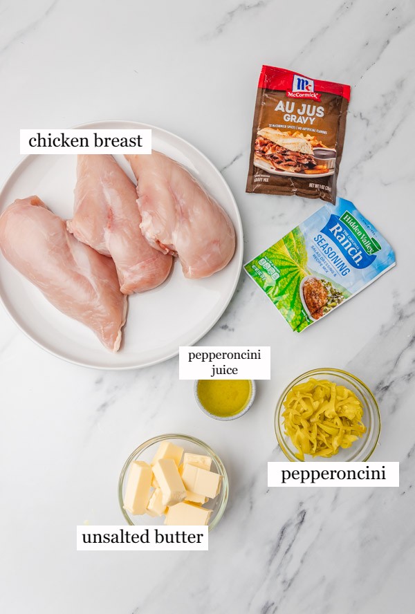 ingredients to make Mississippi chicken on a marble surface.