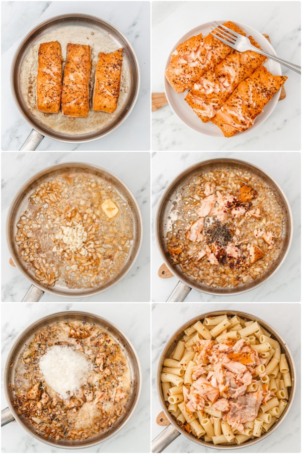 the process shot of how to make salmon pasta.