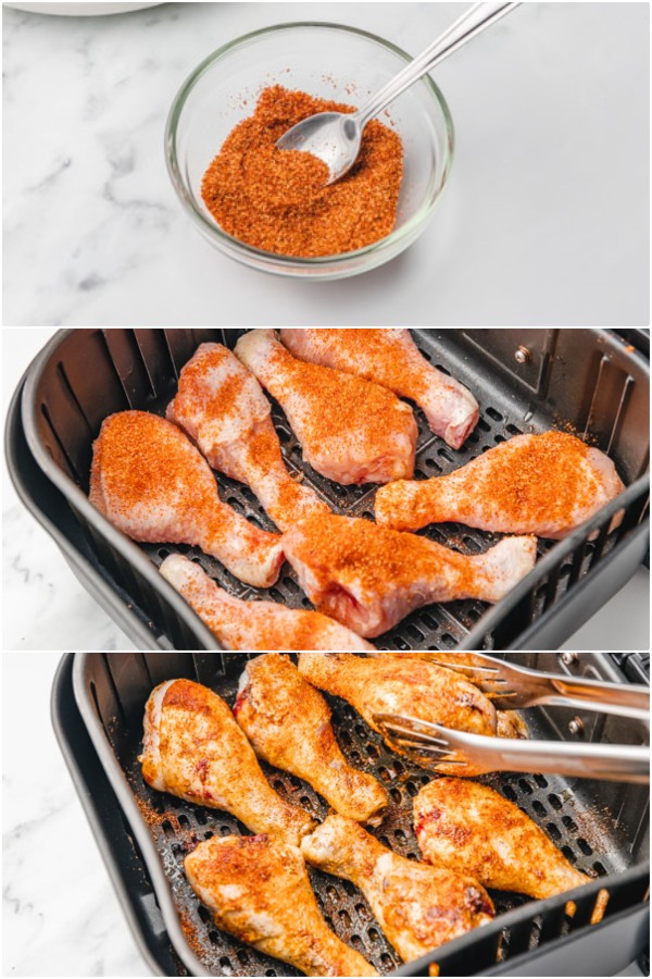 the process of cooking frozen chicken legs in the air fryer.
