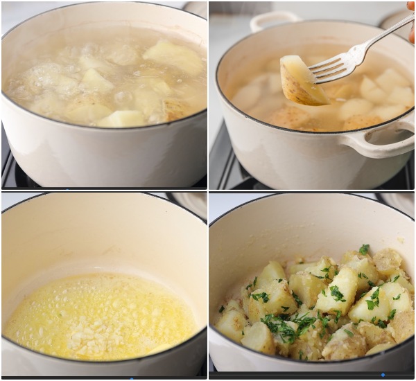 the process of making boiled chopped potatoes with butter 
