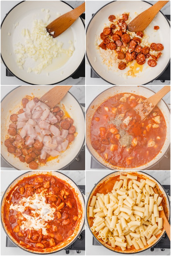 the process of making chicken and chorizo pasta.