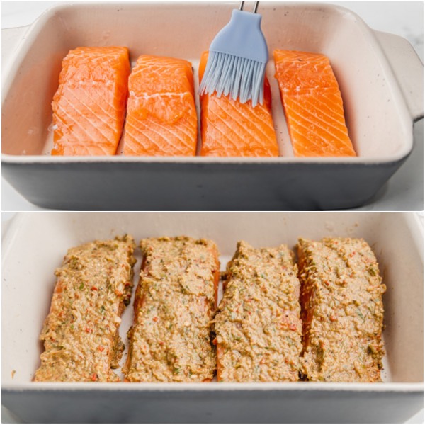 the process of cooking baked salmon.
