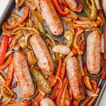 a sheet pan sausage, peppers and onions.