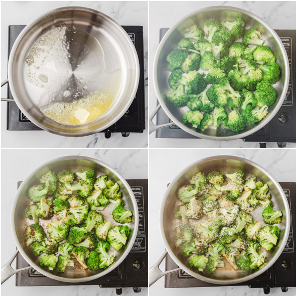 the full process of sauteeing broccoli on the stove.