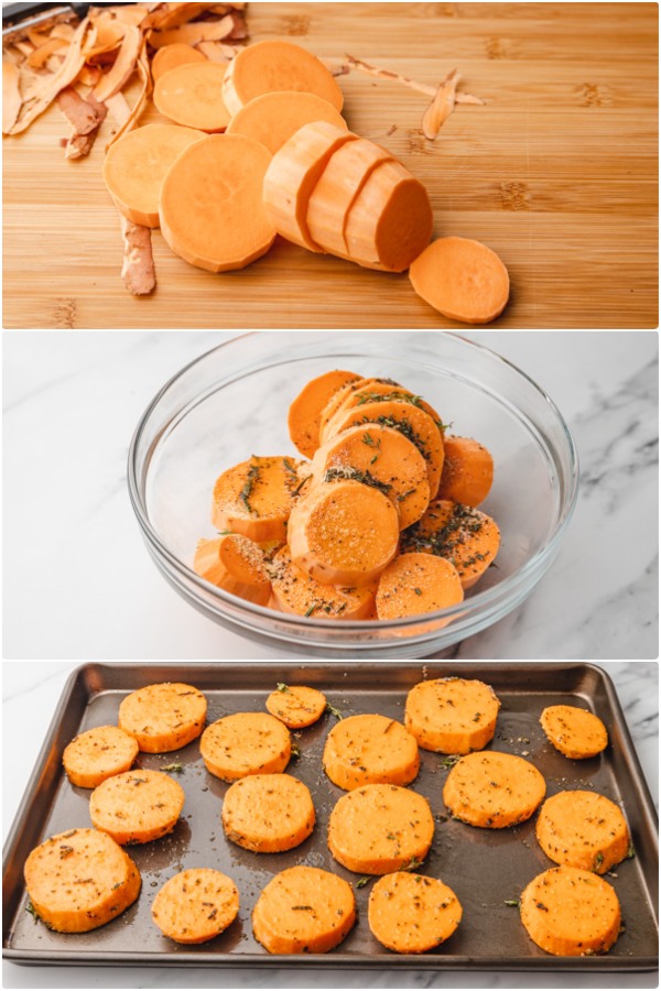 the process of making oven baked sweet potatoes.