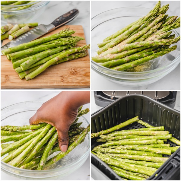 the process shot of cooking asparagus in air fryer.