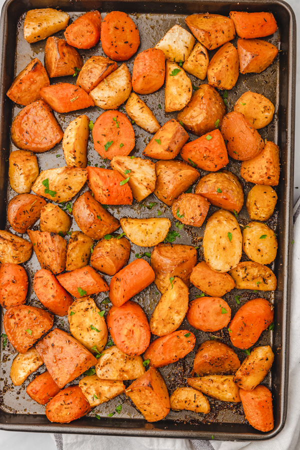a tray of roasted vegetables.
