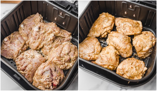 the process of cooking chicken in the air fryer.